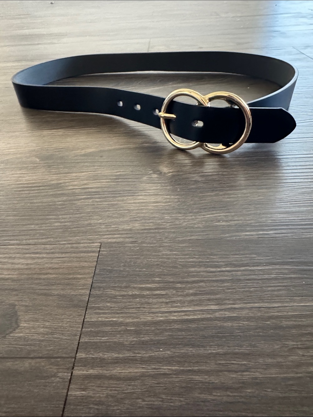 Black Women's Belt with Gold Double Ring Buckle